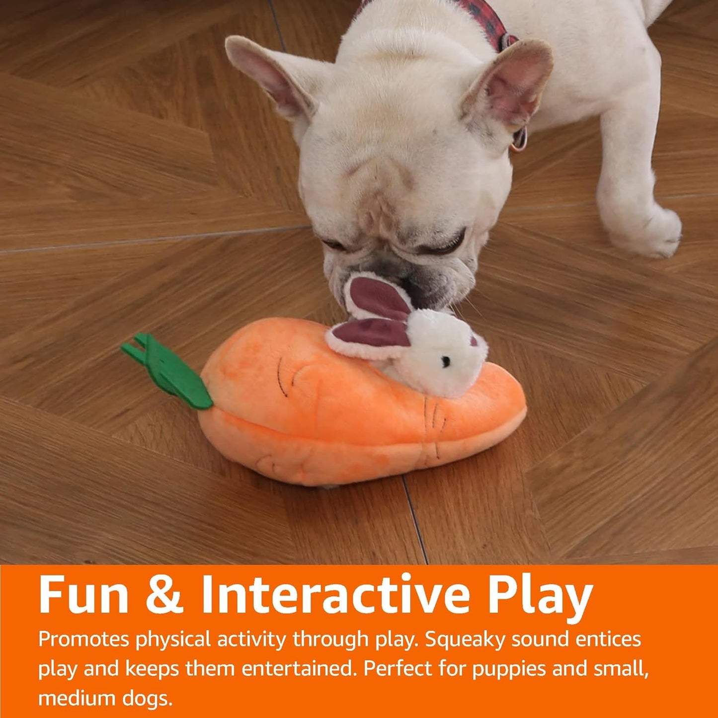 Amazon Basics Interactive Hide and Seek Squeaky Dog Plush Toy, Rabbit and Carrot, Orange and White, 5-Pack