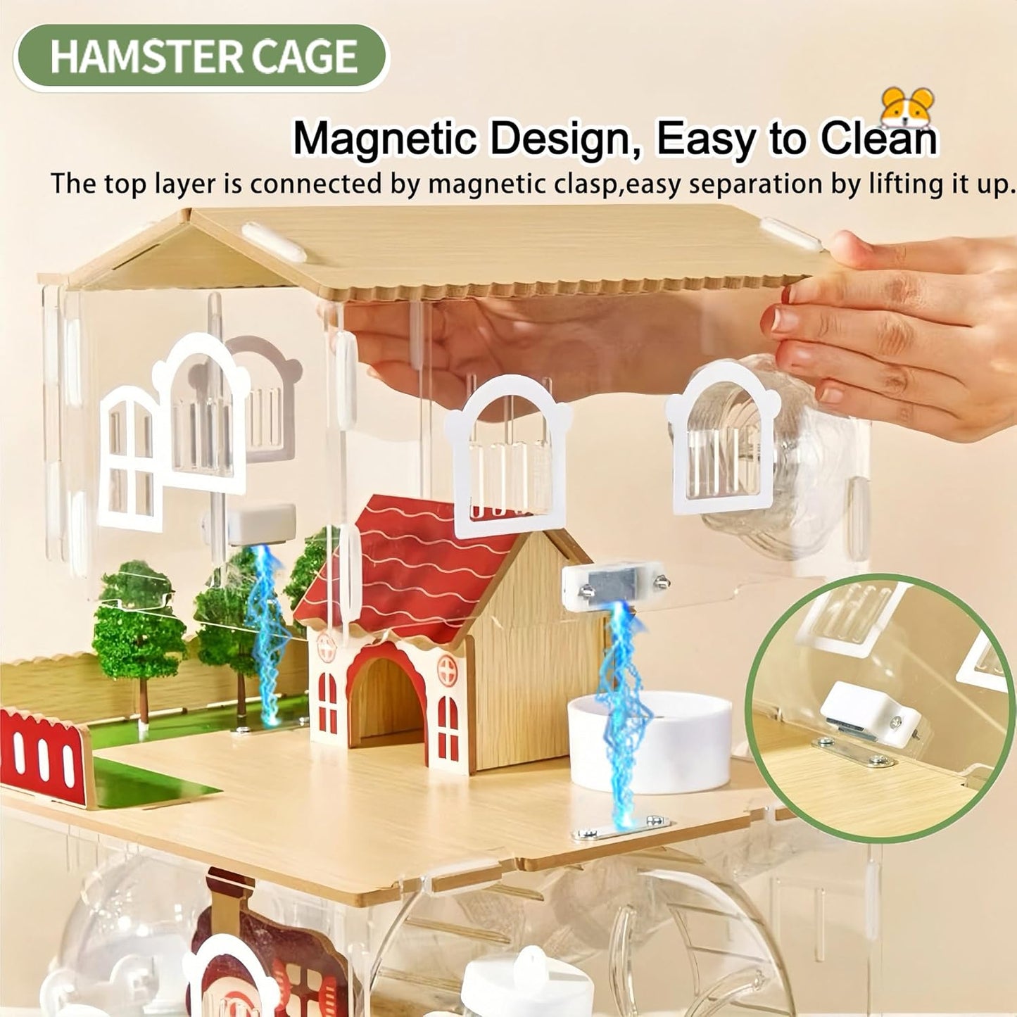 12 in 1 Clear Acrylic Hamster Cage with All Accessories,13.5''L* 10''W* 15''H Dwarf Hamster Cage,Magnetic Connection Small Hamster Enclosure,Garden Style Wooden Mouse Cage for Pet Mice(2-Layer,White)