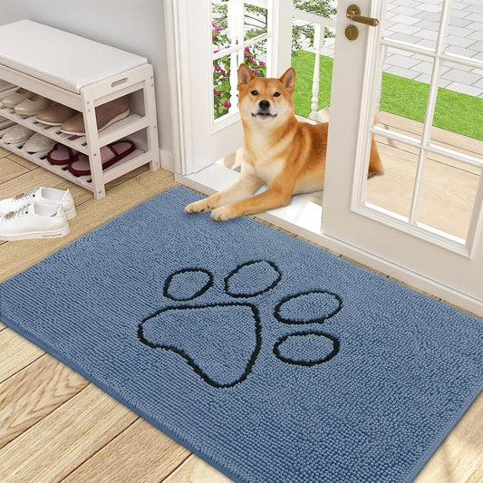 OLANLY Door Mat for Muddy Dog Paws 48x30, Absorbent Chenille Doormat with Paw Print Design, Non-Slip Washable Doormat for Indoor Entryway, Quick-Dry Pet Bed Mats for Dirty Dogs, Airy Blue and Black