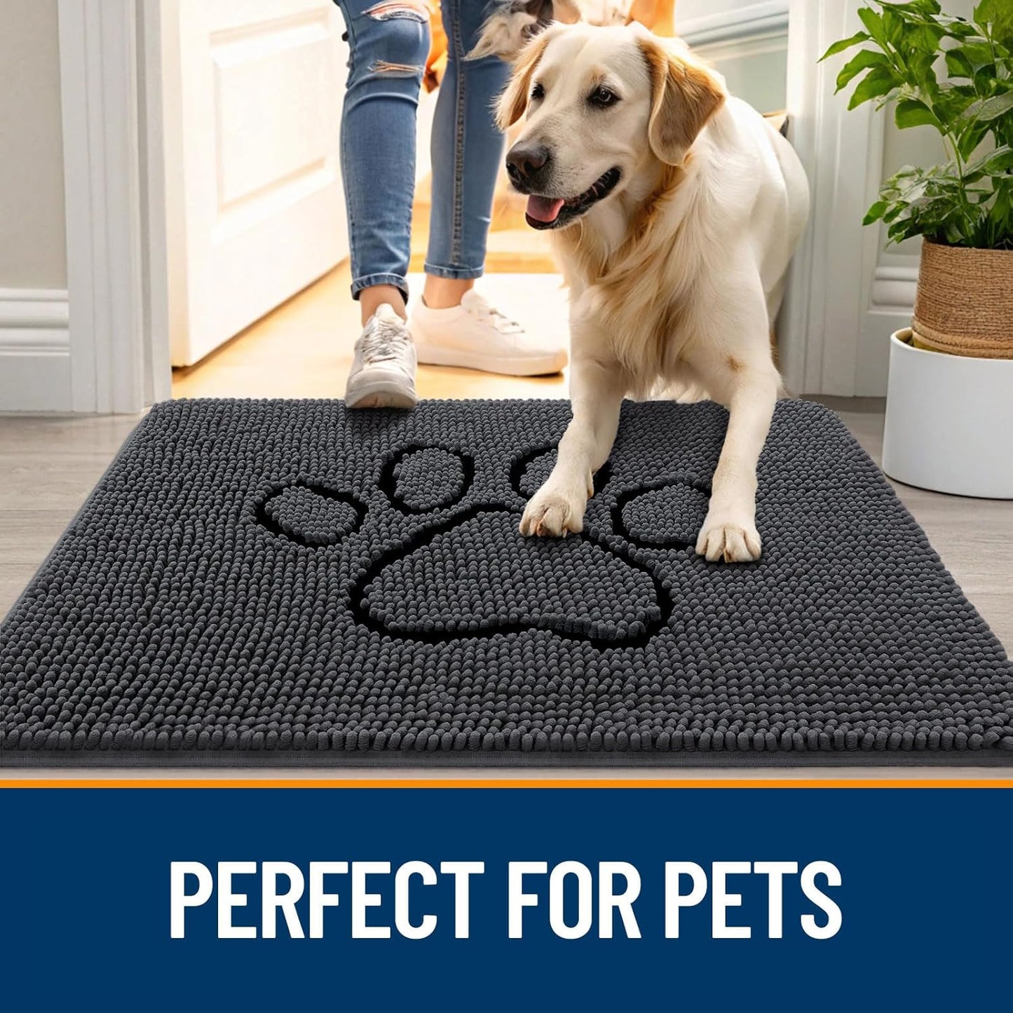 OLANLY Door Mat for Muddy Dog Paws 36x24, Absorbent Chenille Doormat with Paw Print Design, Non-Slip Washable Doormat for Indoor Entryway, Quick-Dry Pet Bed Mats for Dirty Dogs, Dark Grey and Black