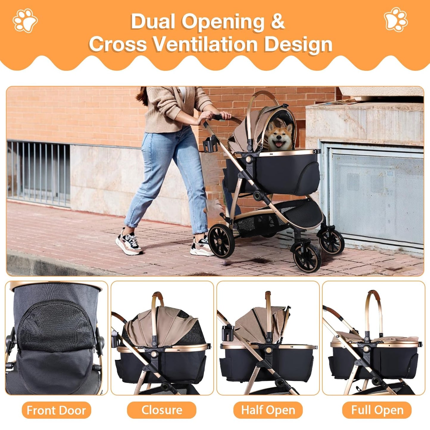 Dog Stroller for Small Medium Dogs, 3 in 1 Folding Pet Stroller Up to 33 lbs, 4 Wheels Pet Strolling Cart with Zipperless Entry, Cat Dog Travel Carrier with Cup Holder & Storage Basket