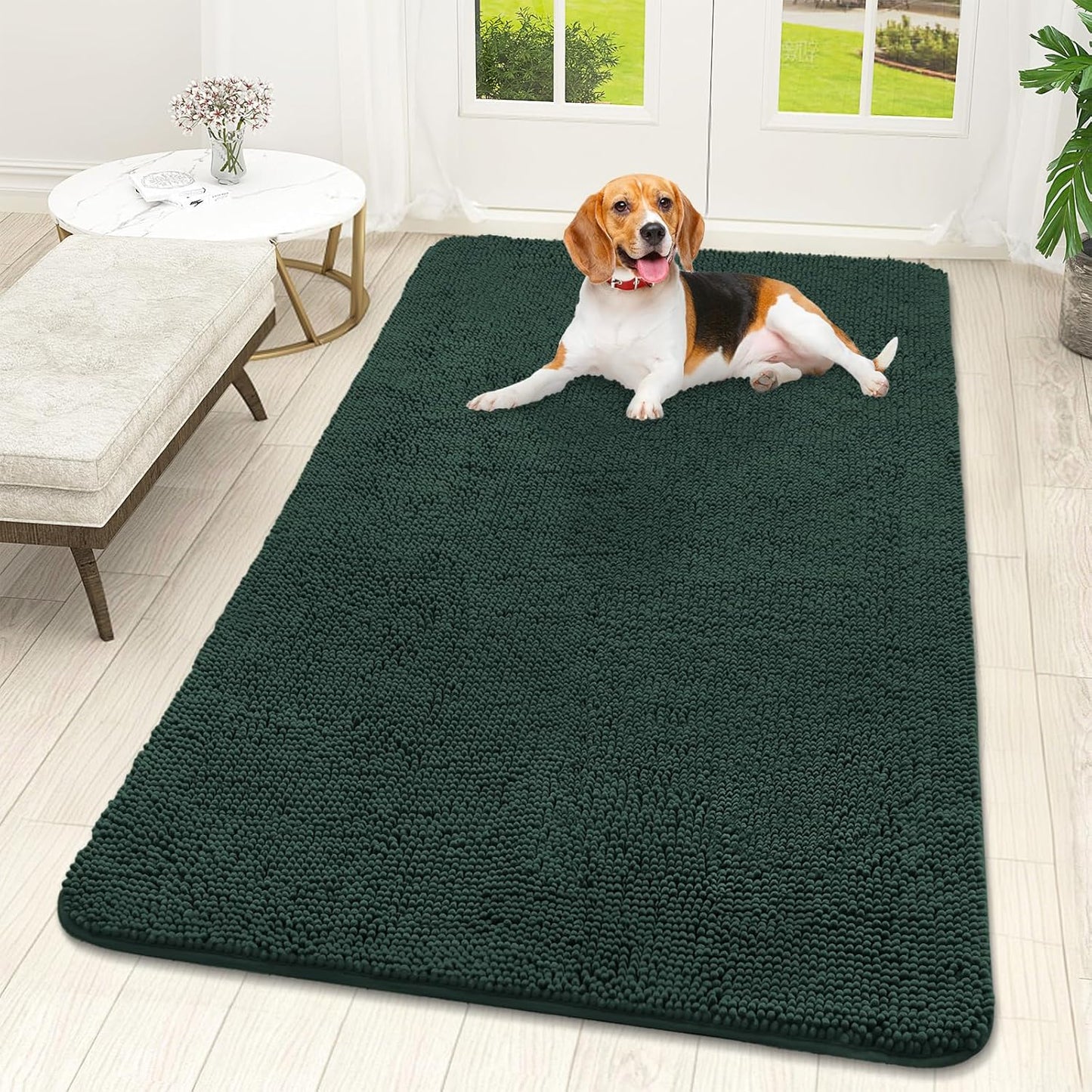 OLANLY Dog Door Mat for Muddy Paws 59x32, Absorbs Moisture and Dirt, Absorbent Non-Slip Washable Doormat, Quick Dry Chenille Mud Mat, Entry Indoor Entryway Carpet for Inside Floor, Blackish Green