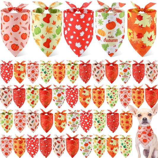 Weewooday 50 Pcs Fall Dog Bandanas Bulk for Dogs Thanksgiving Soft Bibs Adjustable Triangle Pet Bandana for Small Medium Large Costume(Leaves Pattern, 25.6 x 17.7 x 17.7 Inch)