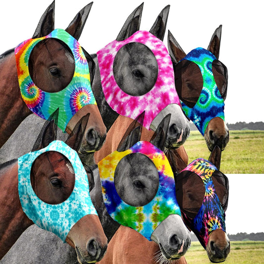 Chunful 6 Pcs Horse Fly Masks with Ears Smooth and Comfortable Cashel Mesh Fly Mask Elasticity Breathability UV Protection Horse Face Covering for Riding Supplies(Tie Dye,Medium)