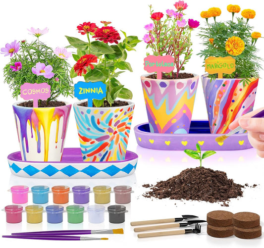 4 Set Paint & Plant Flower Gardening Kit - Gifts for Girls Ages 8-12, Arts and Crafts for Kids Ages 8-12, Kids Gardening Set, Birthday Toys Gifts for Girls Boys Ages 6 7 8 9 10 11 12