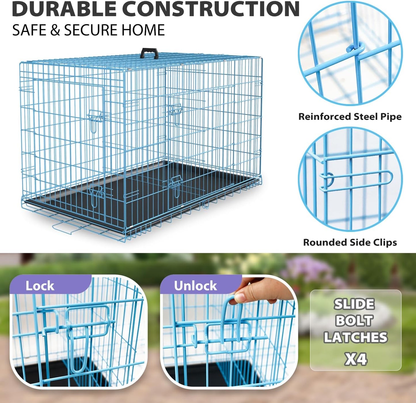 BestPet | Dog Crate | 48" | Blue | Foldable Metal Kennel with Double Doors, Secure Slide-Bolt Latches, Leakproof Tray | Portable Dog Cage for Large Breeds | for Travel, Indoor & Outdoor Use