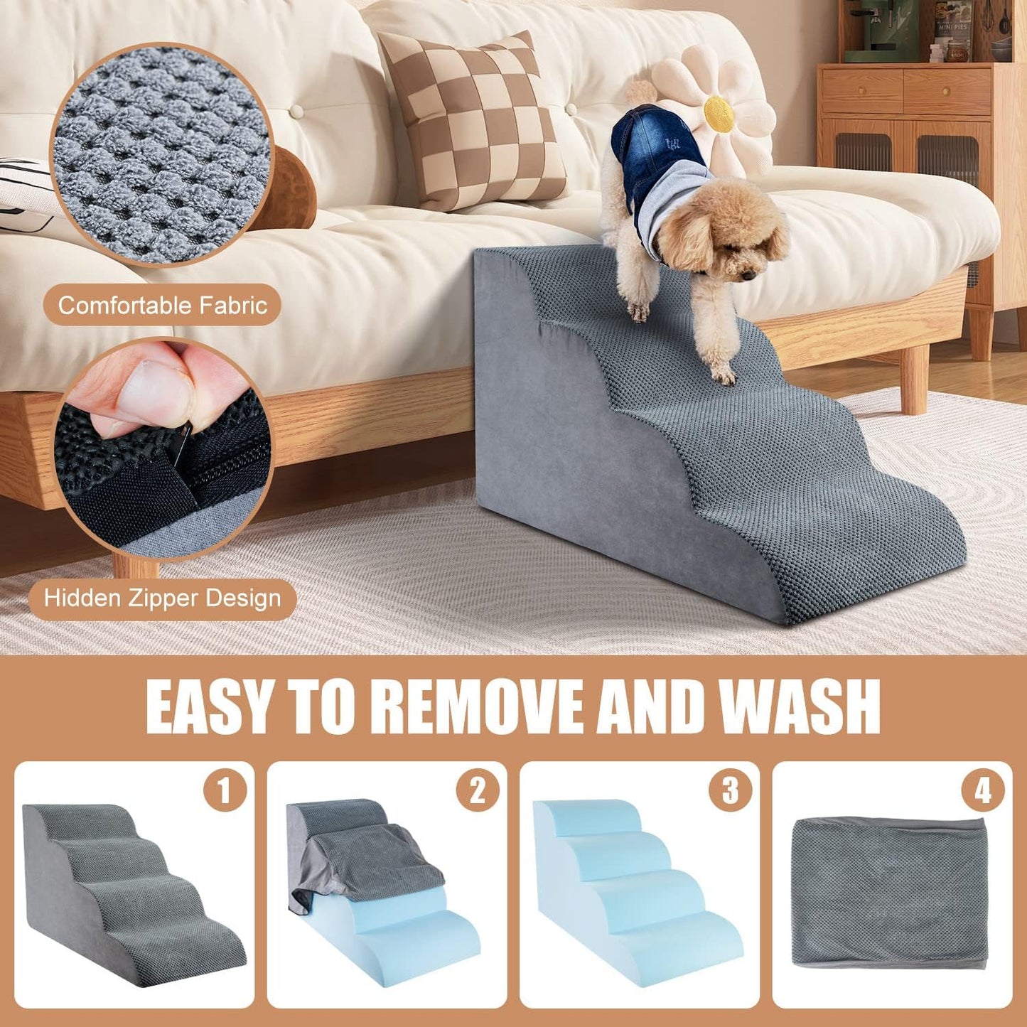 Chic Threads Dog Stairs for High Beds, 4-Step Dog Steps for Couch, Pet Stairs for Small Dogs and Cats, Non-Slip, Stable Indoor Dog Steps for high Bed