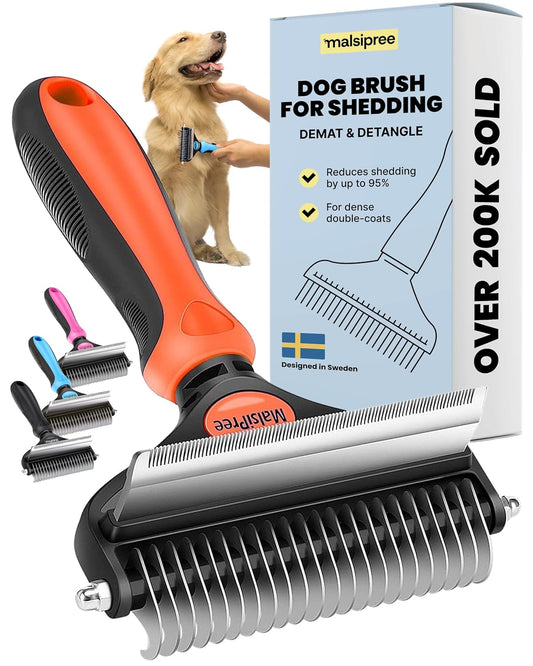 MalsiPree Dog Brush - Large, Orange - 2-in-1 Deshedding Tool & Undercoat Rake, Dog Undercoat Brush - Gentle Dematting Comb & Pet Hair Removal Tool - Smooth-Edge Design & Grooming Comb