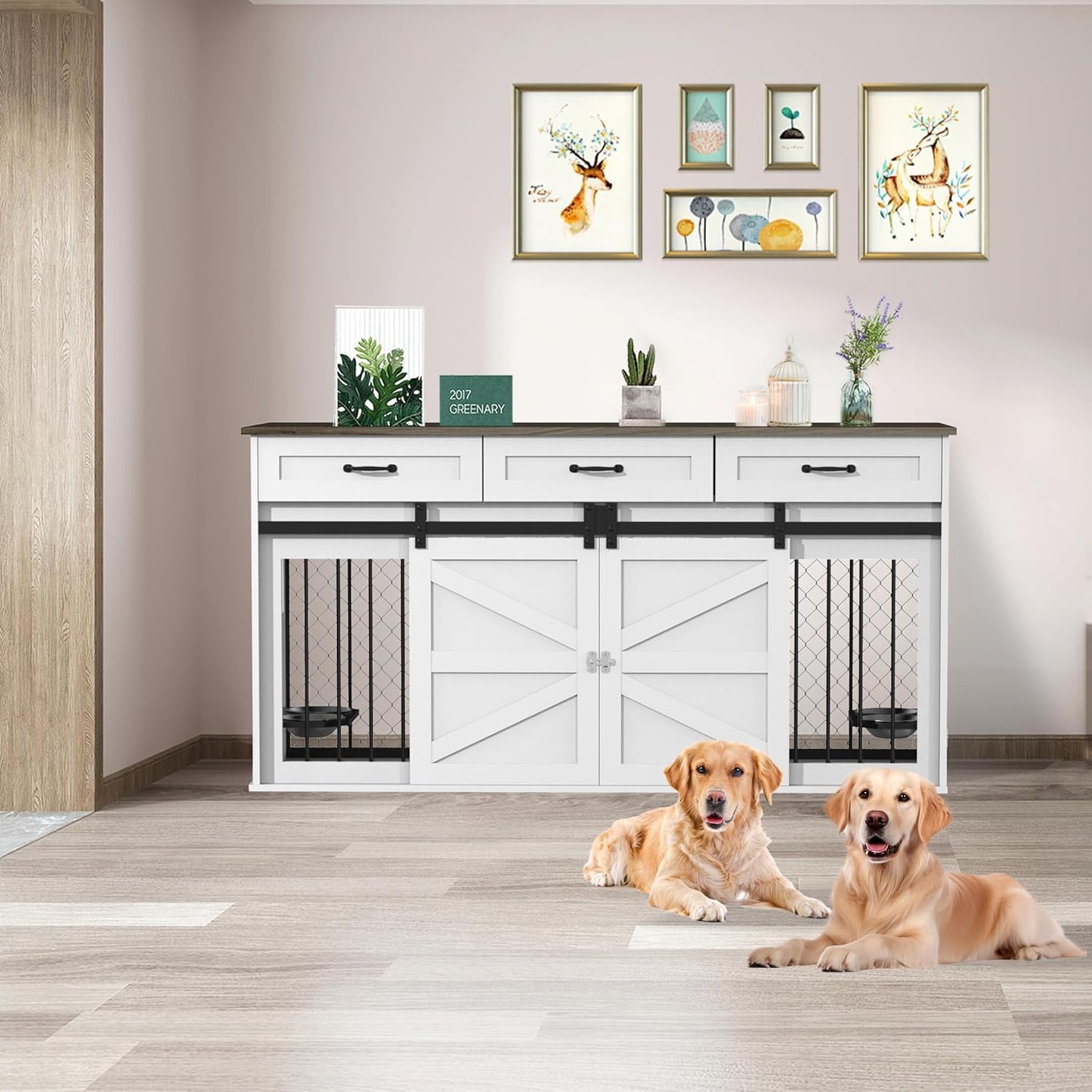 RQZ 65" Double Dog Crate Furniture for 2 Dogs Heavy Duty Wood Dog Cage Table with 3 Storage Drawers and 4 Stainless Steel Bowls Dog Kennel Indoor for Medium Large Dogs