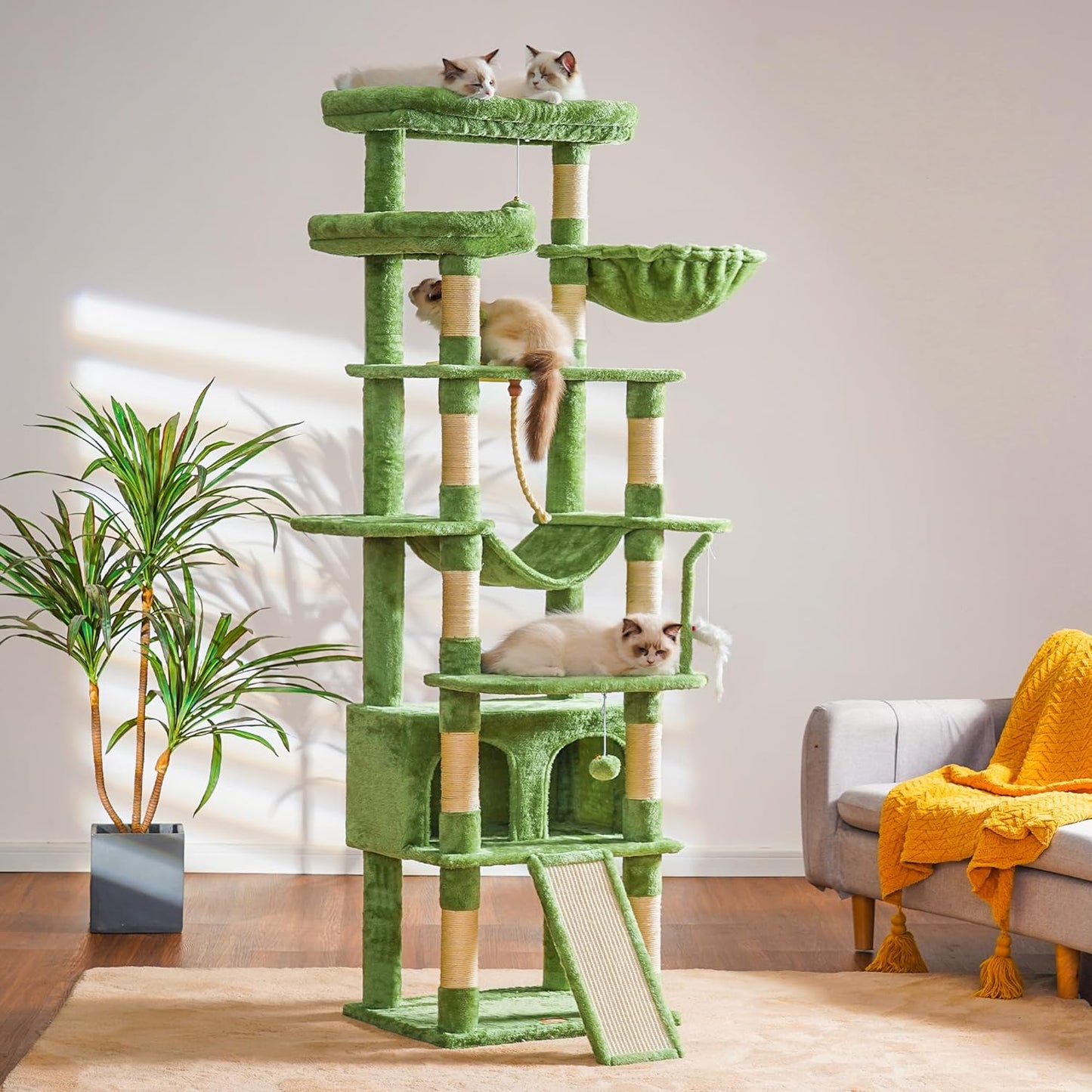Heybly Tall Cat Tree,78 inch Multi-Level Cat Tower for Indoor Cats, 2 Widened Plush Perches Cat Condo with Scratching Board and Big Caves, Green HCT033GR