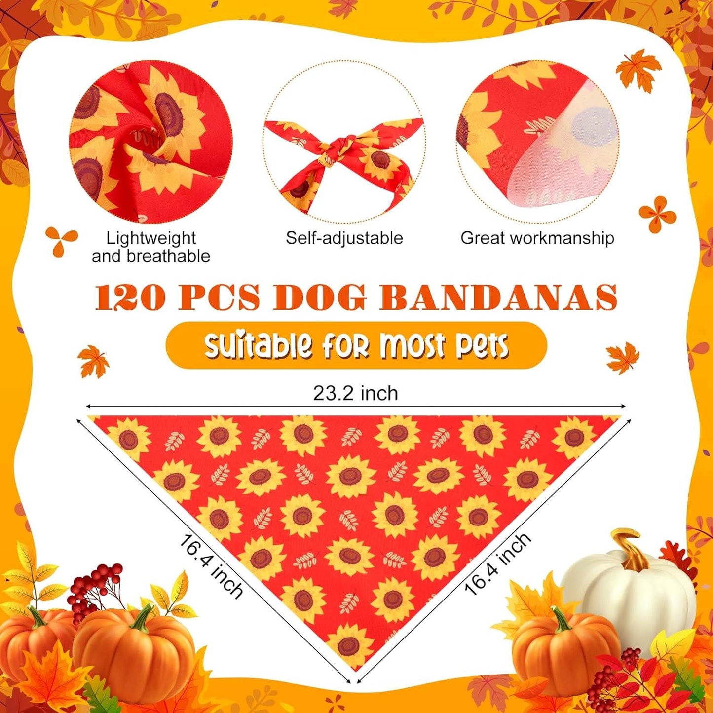 Sanwuta 120 Pcs Fall Thanksgiving Dog Bandanas Bulk, Dog Scarves for Small Medium Large Dogs Cats, Adjustable Triangle Pet Bandanas with Pumpkin Maple Leaf Plaid Prints for Autumn Party Decoration
