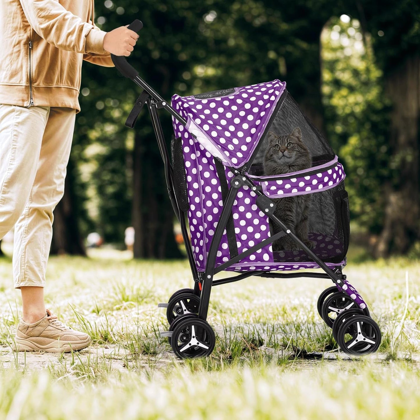 Magshion Compact Pet Stroller for Small-Medium Dogs/Cats up to 22lbs, 4-Wheel Lightweight Umbrella Shaped Portable Puppy Travel Jogger with Breathable Mesh & Rear Storage, Purple Polka Dots