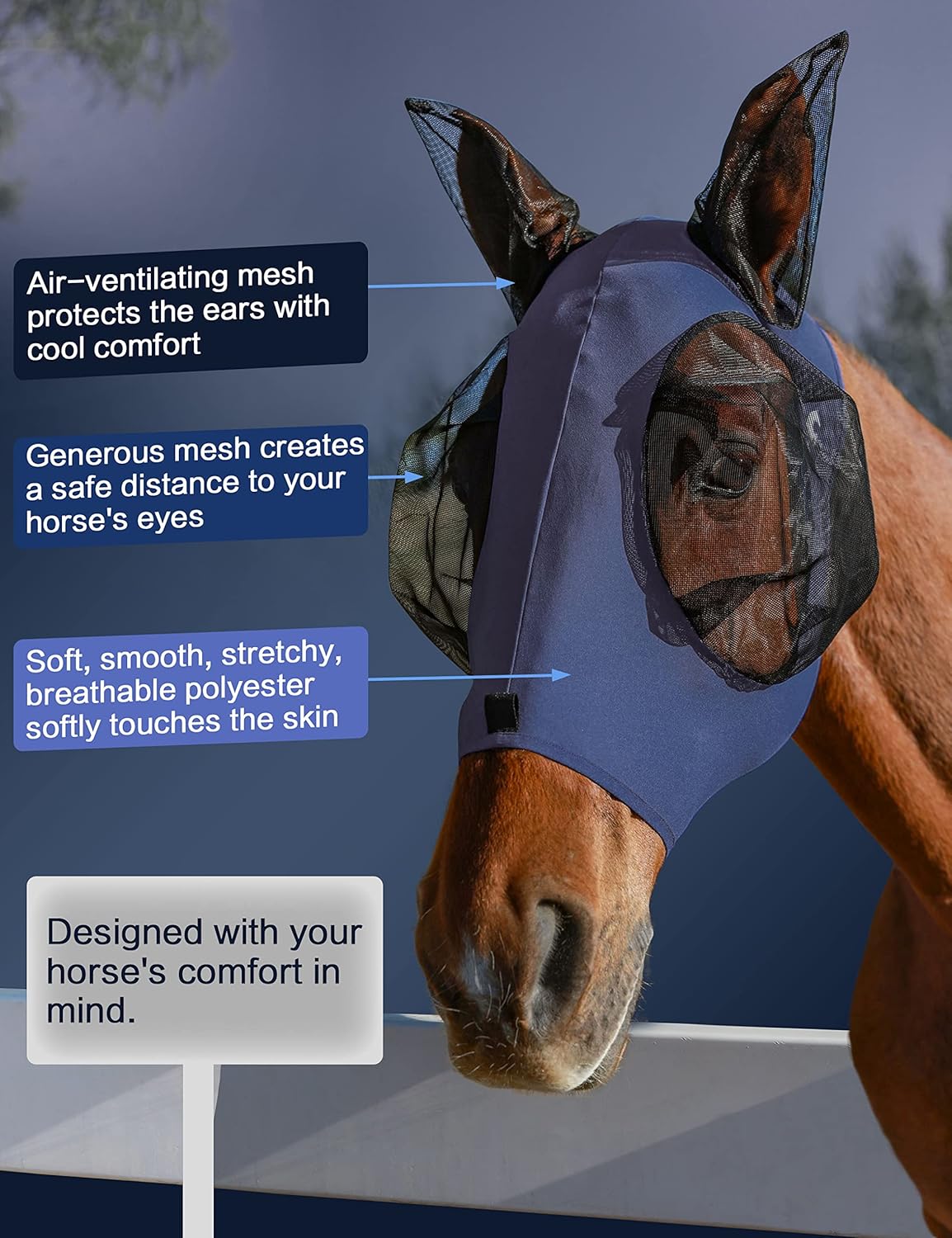Horse Fly Mask with Ears, UV Protection Mask for Horses, Elasticity Mask with Big Mesh Eye Covers, Snug Fitting Comfortable Breathable Lightweight Navy Full Size