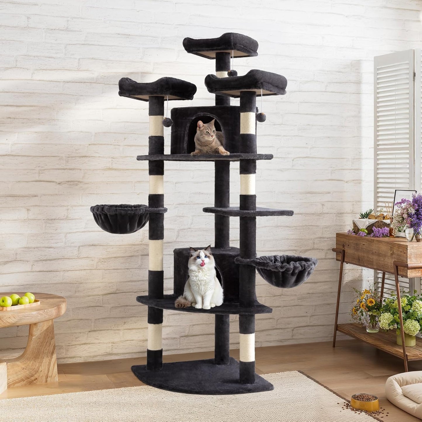 SHA CERLIN 73in Fan-Shaped Corner Cat Tower for Save Space/Multi-Level Tall Cat Tree for Indoor Kitties/Condo with Baskets/Cozy Perches/Sisal Scratching Posts/Pet Activity House/Dark Grey