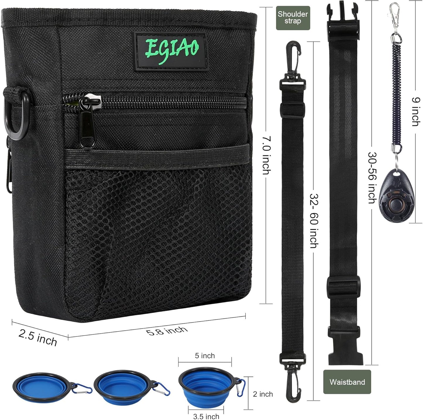 Dog Treat Pouch with Collapsible Dog Bowl, Training Clicker and Poop Bags, Treat Pouches for Pet Training, Built-in Poop Bag Dispenser, Waist Belt Clip, Puppy Treat Pouch Magnetic Closure - Black