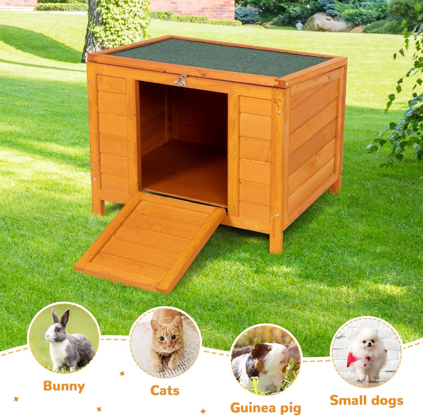 COZIWOW 24inches Wooden Catio Outdoor Cat House Small Animal House，Rabbit Hutch Indoor，Stable Weatherproof Bunny Cage Pet Shelter for Small Cat Dog Rabbit Guinea Pig(Orange)