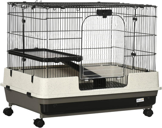 PawHut 26" Small Animal Cage with Wheels, 2-Level Portable Bunny Cage, Chinchilla Ferret Cage with Removable Tray, Platform and Ramp