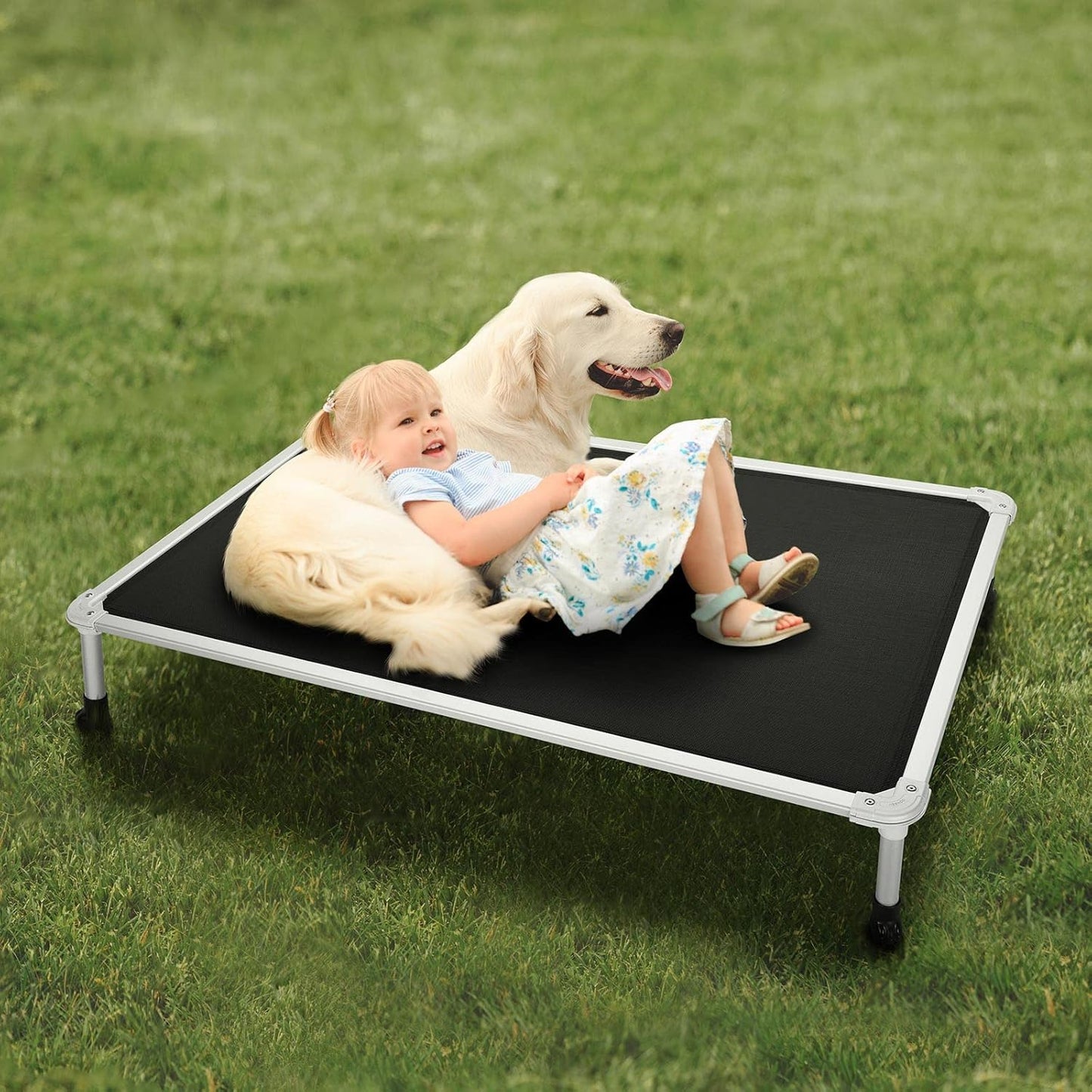 Veehoo Chew Proof Elevated Dog Bed - Cooling Raised Pet Cot - Silver Aluminum Frame and Durable Textilene Mesh Fabric, Unique Designed No-Slip Feet for Indoor or Outdoor Use, Black, X-Large, CWC2003
