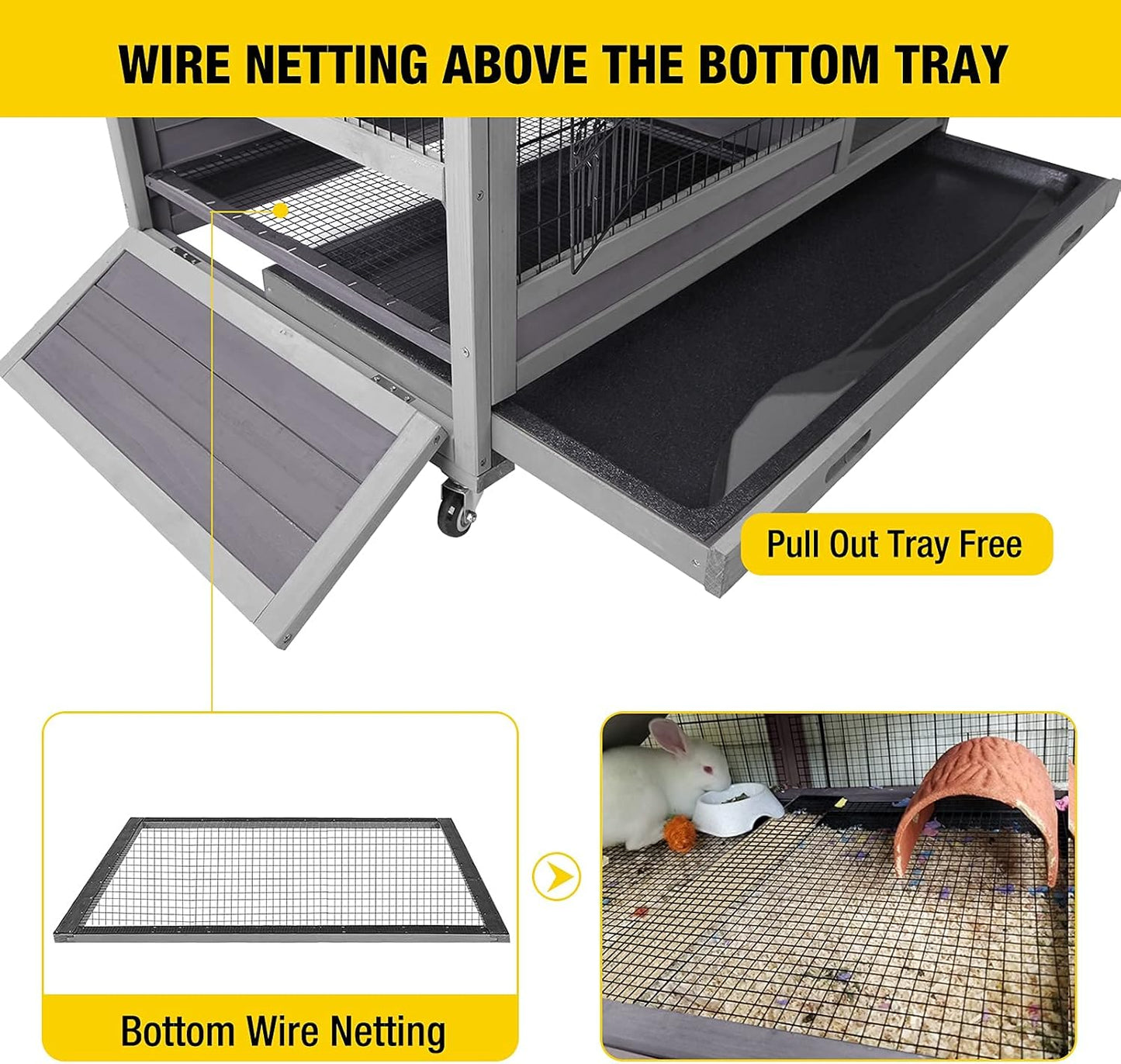 Rabbit Hutch Indoor Outdoor Bunny Hutch Pull Out Tray Guinea Pig Cage with Bottom Wire-Netting, On Wheels (Gery) 39.4" L x 24.6" W x 39" H
