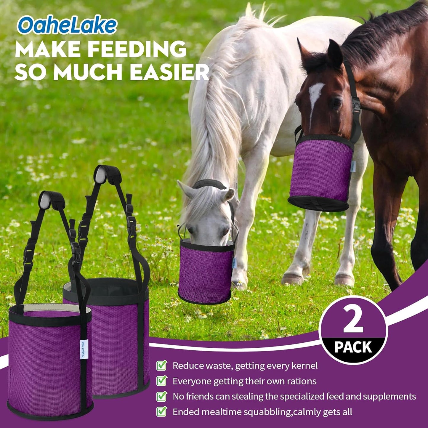 Horse Feed Bag 2 Pcs, Mesh Feed Bags for Horses, Muzzle Feedbag for Feeding Grain, Anti-Spill Design Feeder, Soft Neck Pad Nose Pad, Universal Fit (Purple, Pack of 2)