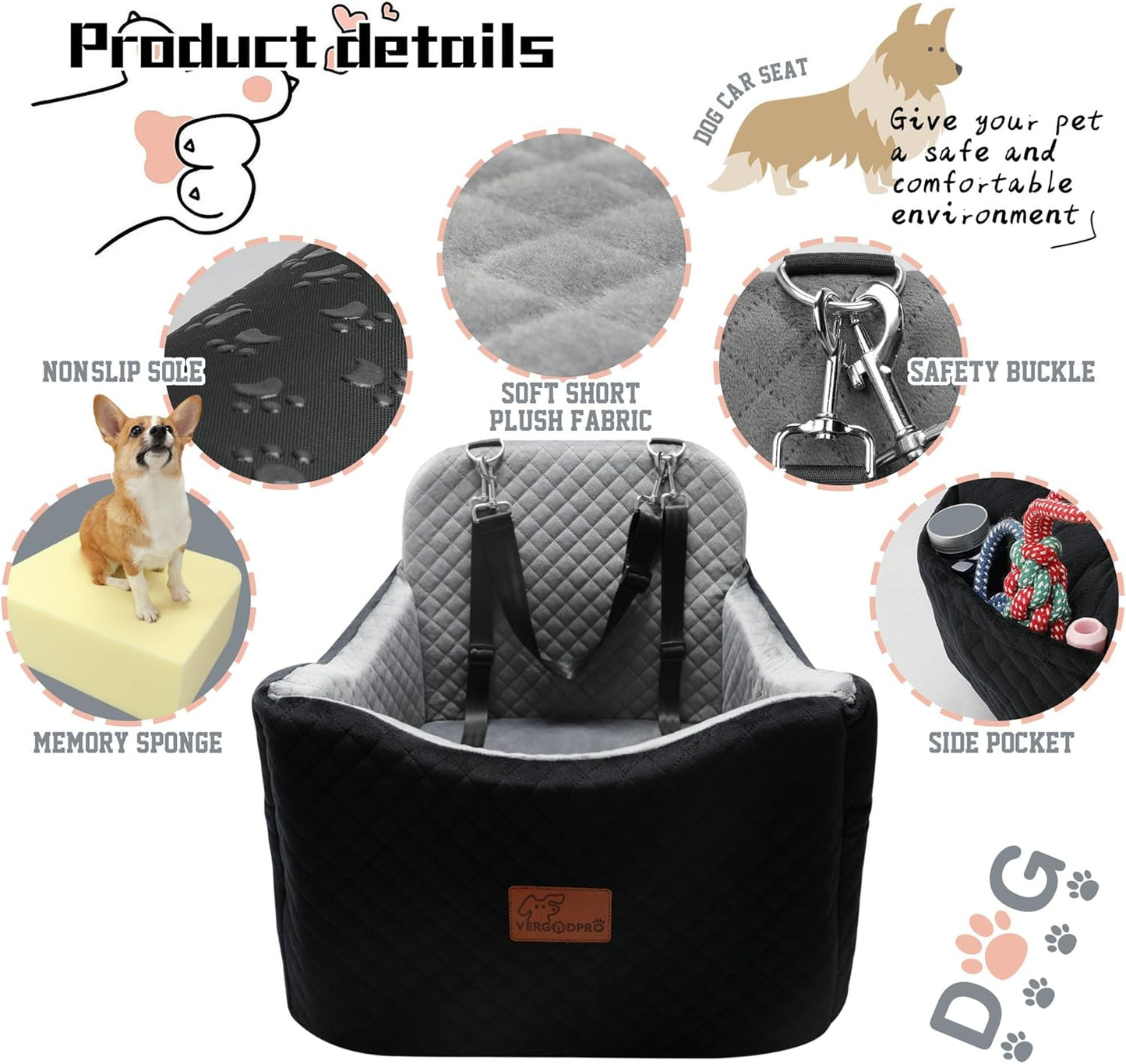 Dog Car Seat for Small Medium Dogs-Safety and Comfy Pet Booster Carseats with 2 Clip-On Satebelt & Storage Pockets,Washable and Detachable Puppy Car Seat for Dogs up to 30 lbs.(H-Black/Grey)