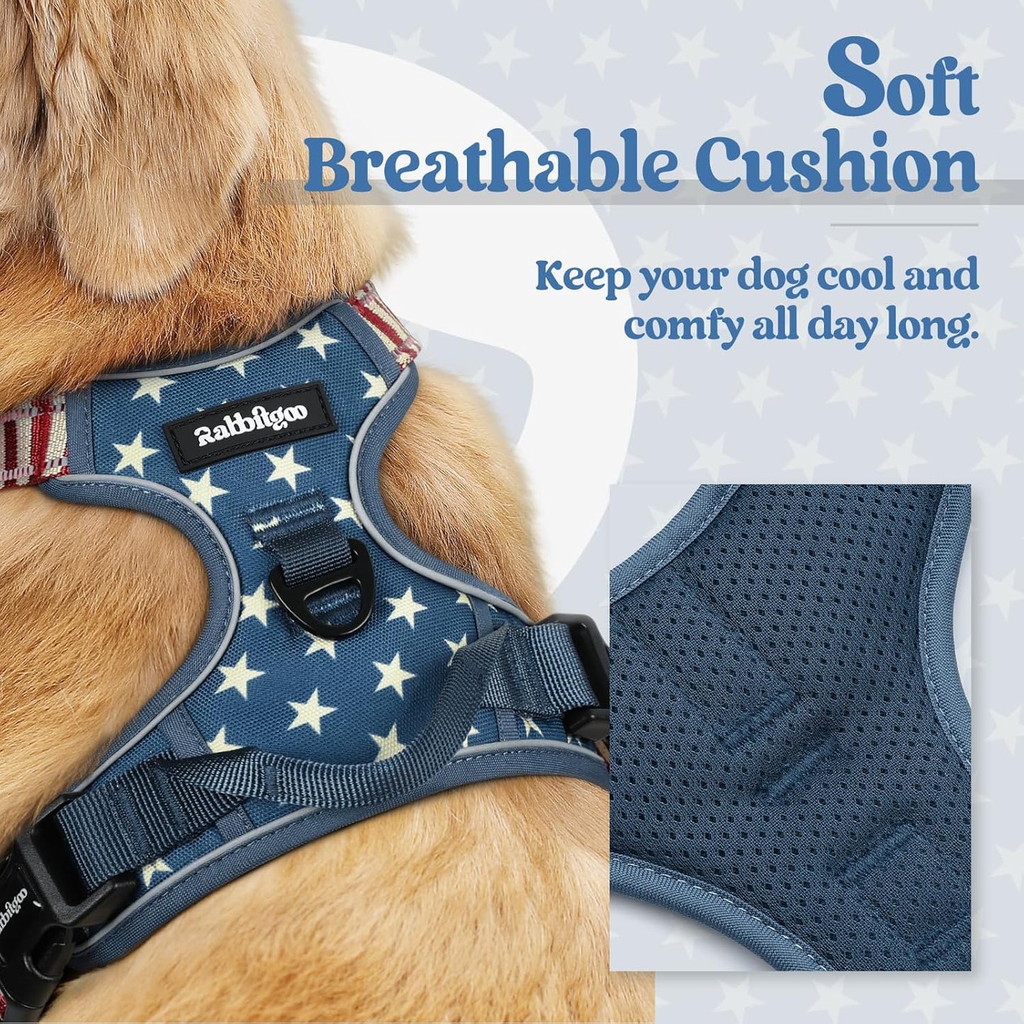 rabbitgoo Dog Harness No Pull with 2 Leash Clips, Adjustable Soft Padded, Reflective Oxford No Choke Pet Vest with Easy Control Handle for Large Dogs, Blue Star, L