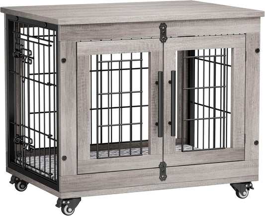 Lulive Small Dog Crate Furniture Set of 2, Dog Kennel Indoor Double Doors Wooden Dog Cage, 27'' Heavy Duty Dog Crate with Cushion & Wheels, End Table Pet House Chew-Resistant Up to 30 lb, Grey