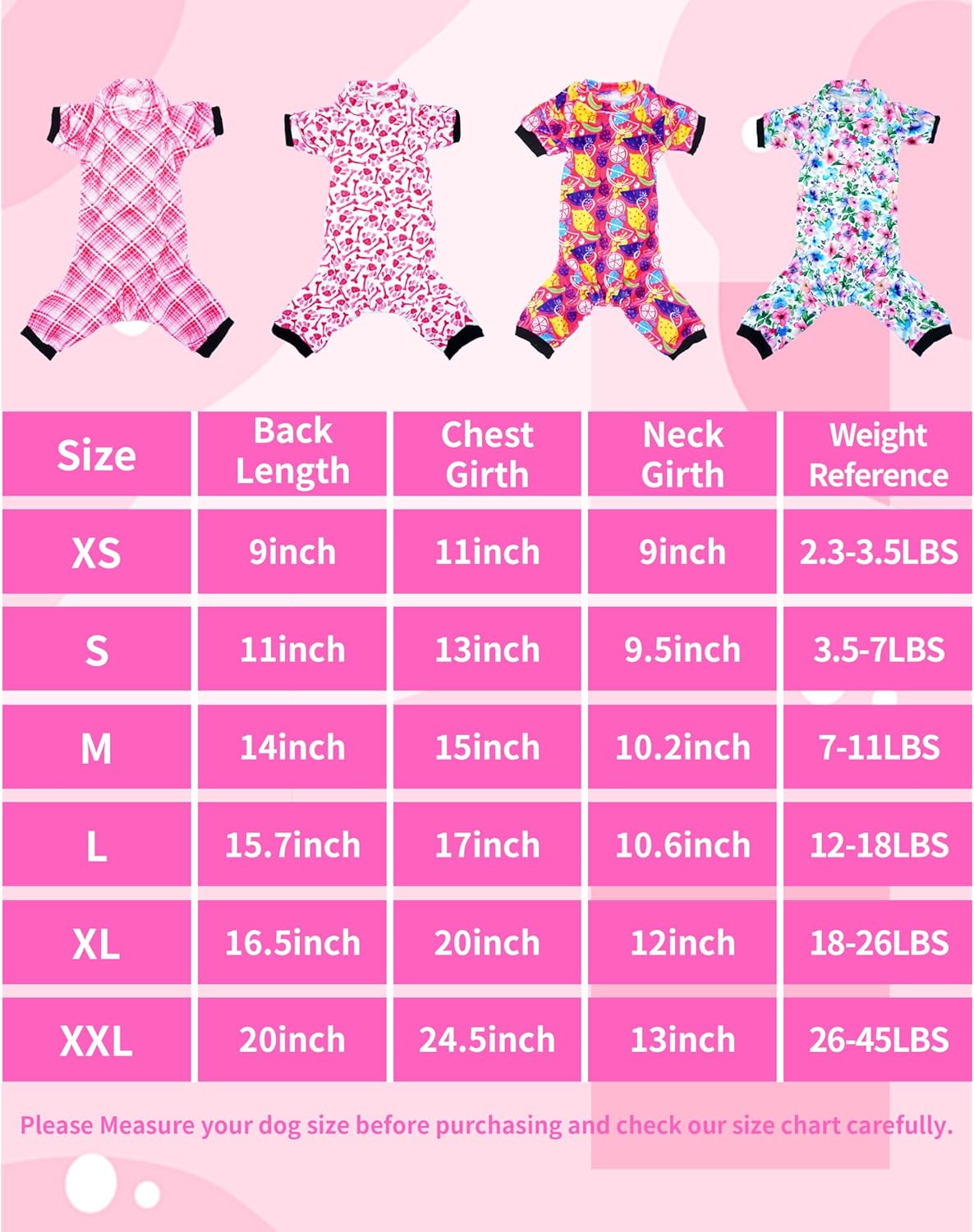 PET SHOW 4 Pack Small Dog Pajamas Cute Paw Bone Clothes for Medium Dogs Soft Stretchy PJs Plaid Jumpsuit Puppy Cats Floral Fruits Onesies Outfits with Sleeve Pets Dachshund Costume(M, Pink for Girls)