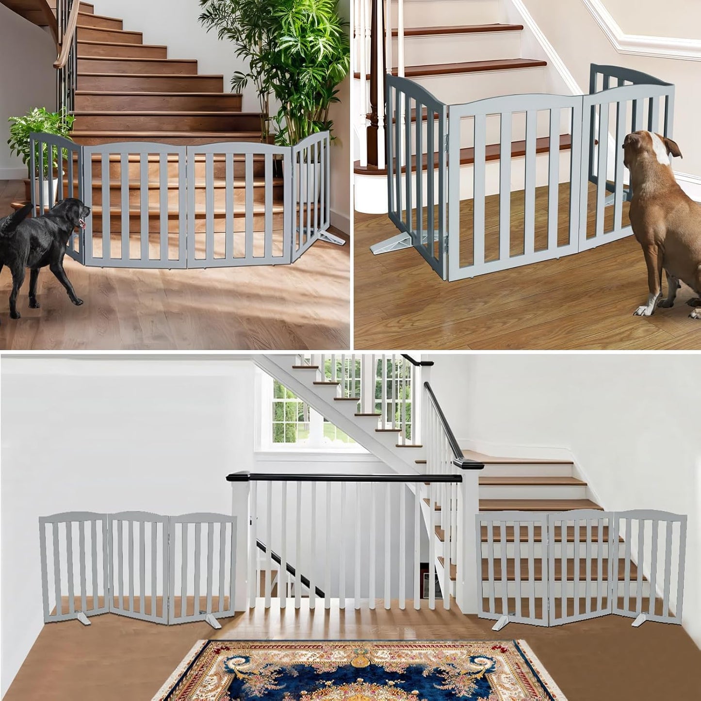 ZJSF Foldable Freestanding Indoor Dog Gate for House Wood Long Pet Gates Dog Fence for Stairs Puppy Gates for Hallways, Puppy Gate,Support Feet Included, Grey, 24 "Height-3 Panels