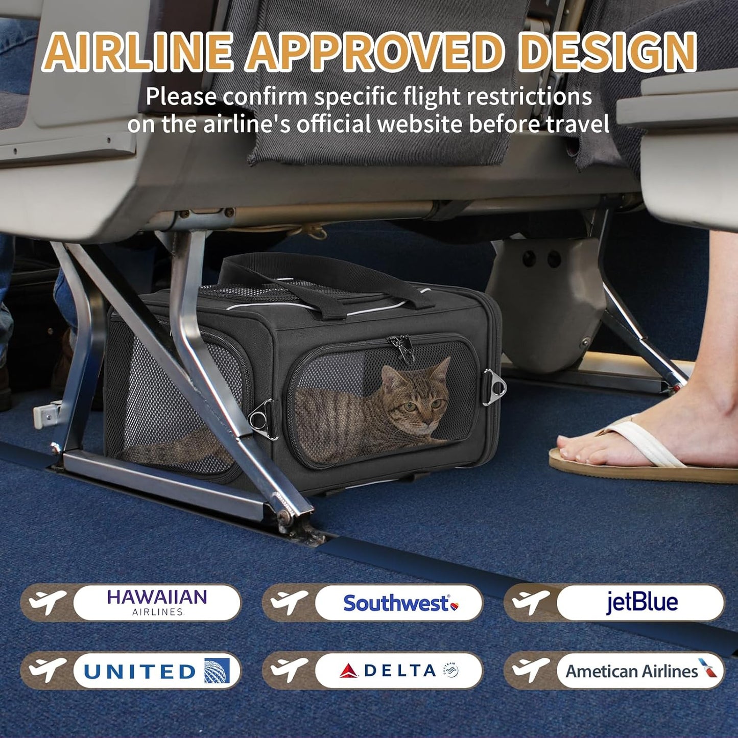 ‌Petsfit Airline Approved Pet Carrier for Small Cats, 16.5x8.6x11 TSA Approved Carrier, with Removable Dual-Sided Padding (2-Way Placement) - Fits Under Most Airplane Seats, Escape Proof (Black)