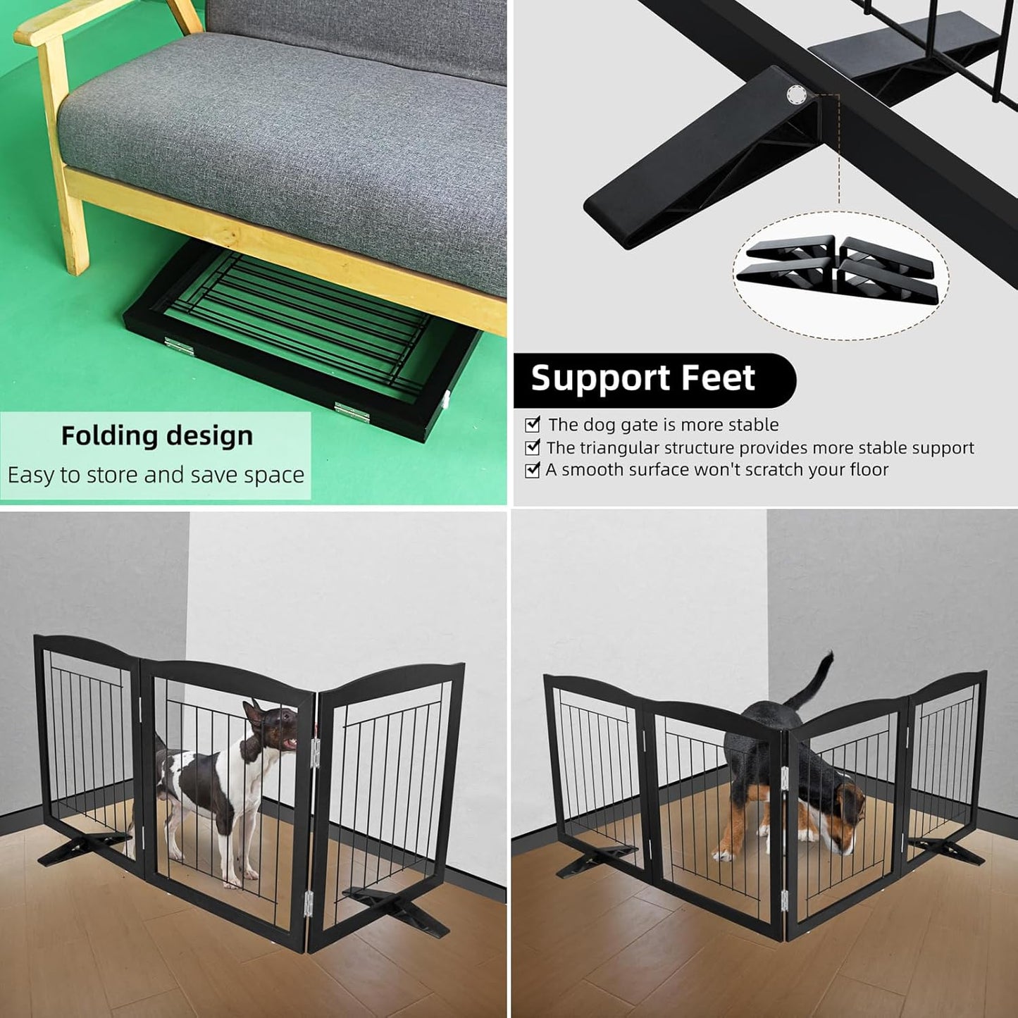 ZJSF Freestanding Dog Fence Indoor, Foldable Dog Gate for Doorways, Stairs or Hallways, Sturdy Wood Extra Wide Pet Gate with Support Feet for The House, Black, 32 "Height-3 Panels