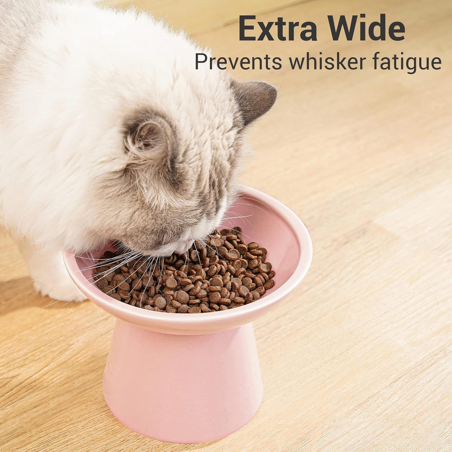 Extra Wide Elevated Ceramic Cat Food Bowl - 6.2" Shallow Dish for Whisker Fatigue Relief, 5" Height for Easy Feeding, Lead & Cadmium Free, Durable Raised Cat Food Bowls, Pink