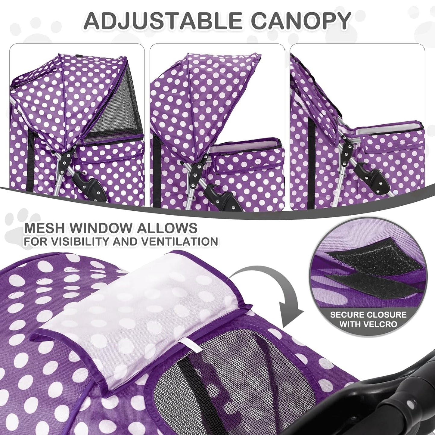 MoNiBloom 3 Wheels Pet Dog Cat Stroller for Small Medium Dogs Cats, Foldable Jogger Stroller w/Storage Basket and Cup Holder, Purple Polka Dots