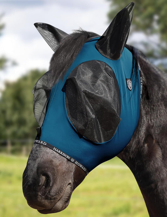 Harrison Howard Horse Fly Mask with Forelock Opening Stretch Breathable and Comfortable for Horses UV -Protection Peacock Blue M