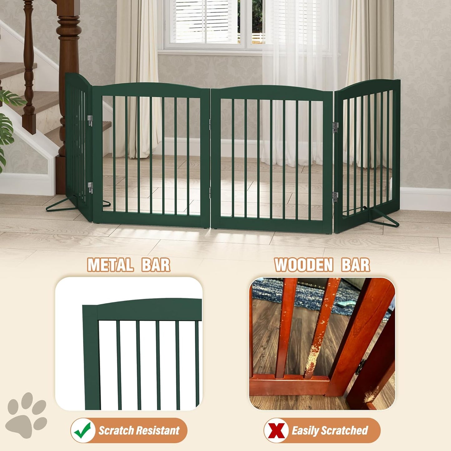 Freestanding Pet Gate for Dogs, Foldable Wooden Dog Gate for House, Indoor Dog Gate for Stairs, Doorways, Step Over Pet Puppy Safety Fence, 80 Inch Wide, 4 Panels 24", Green