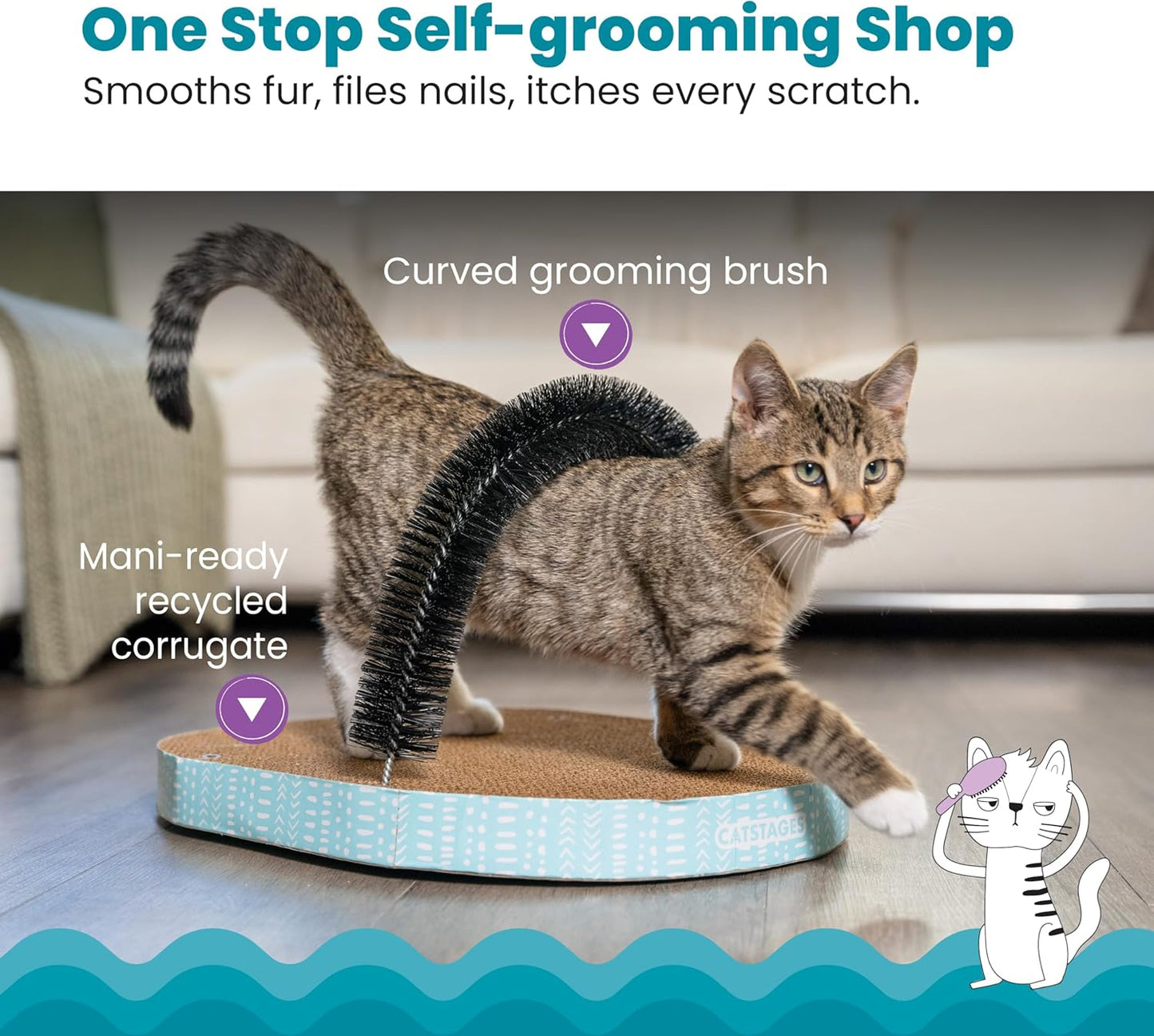 Catstages Scratch & Groom Cat Scratcher with Removable Curved Brush for Self-Grooming Station, Orange
