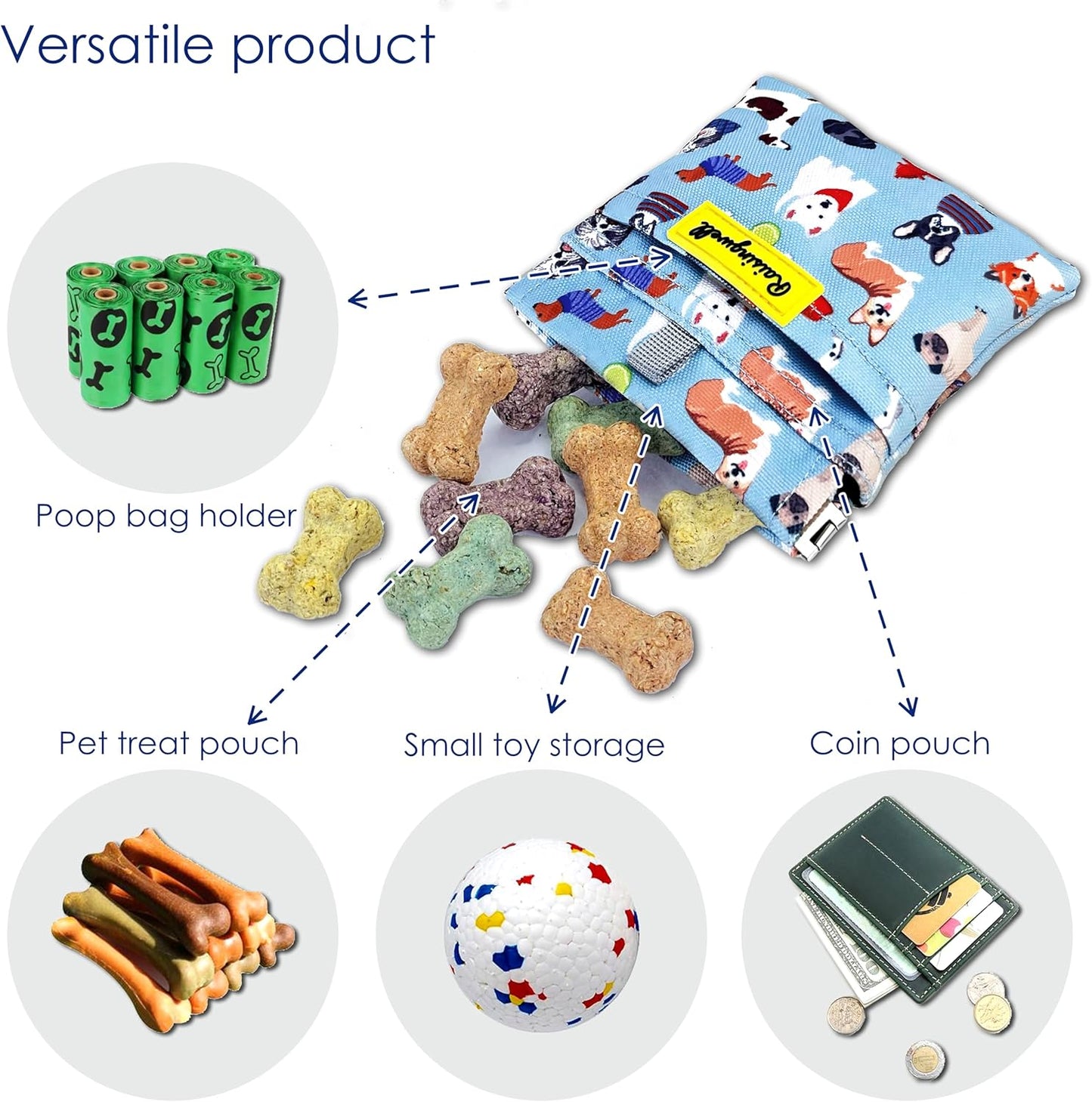 Dog Treat Pouch,Cotton Pocket Sized Training Holder, Hand Free Walking Funny Bag with Carabiner, Self-Closing Pet Feed Snack Reward, Behavior Aids for Puppy Travel or Outdoor Use（Dog Puzzle）