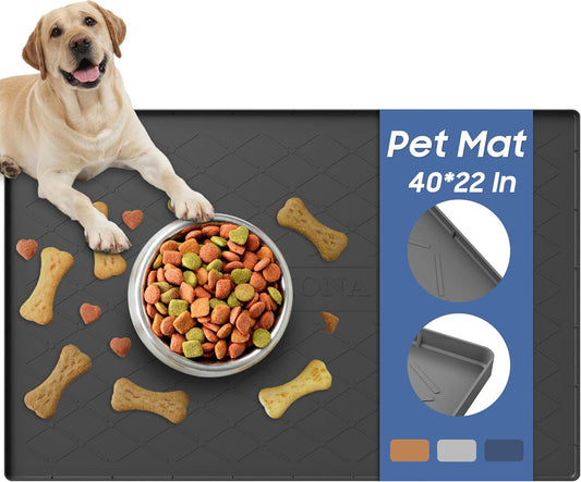 URMONA Large Dog Food Mat, 40" x 22" Pet Food Mat, Waterproof Dog Cat Food Mat with Raised Edges, Silicone Pet Food Mat, Dog Accessories, Prevents Food Spills, Protects Floors, Easy to Clean Fast