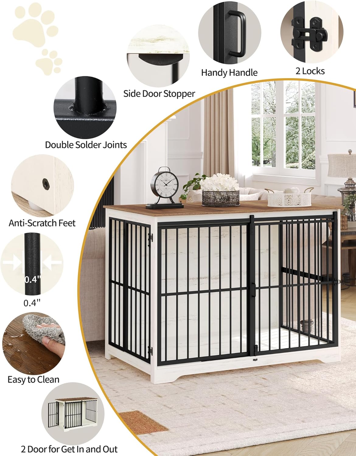 XXL Large Dog Crate Furniture, 46.9" Indoor Dog Kennel Furniture with Barn Door, Wooden Tall Dog Crate, Heavy Duty Dog Cage for Large Dogs, Side End Table, Anti-Chew, White Brown DFC83814B