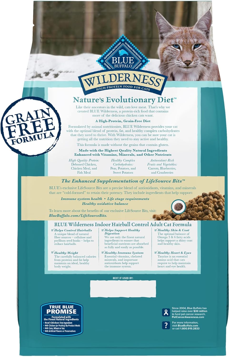 Blue Buffalo Wilderness High-Protein, Grain-Free Natural Dry Food for Adult Cats, Indoor Hairball Control, Chicken, 11-lb. Bag