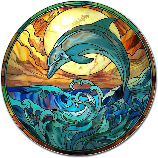 Lygond Metal Sign Tin Sign Circular Stained Glass Dolphin Gardening Decor Gift for Bar 12×12 Inches