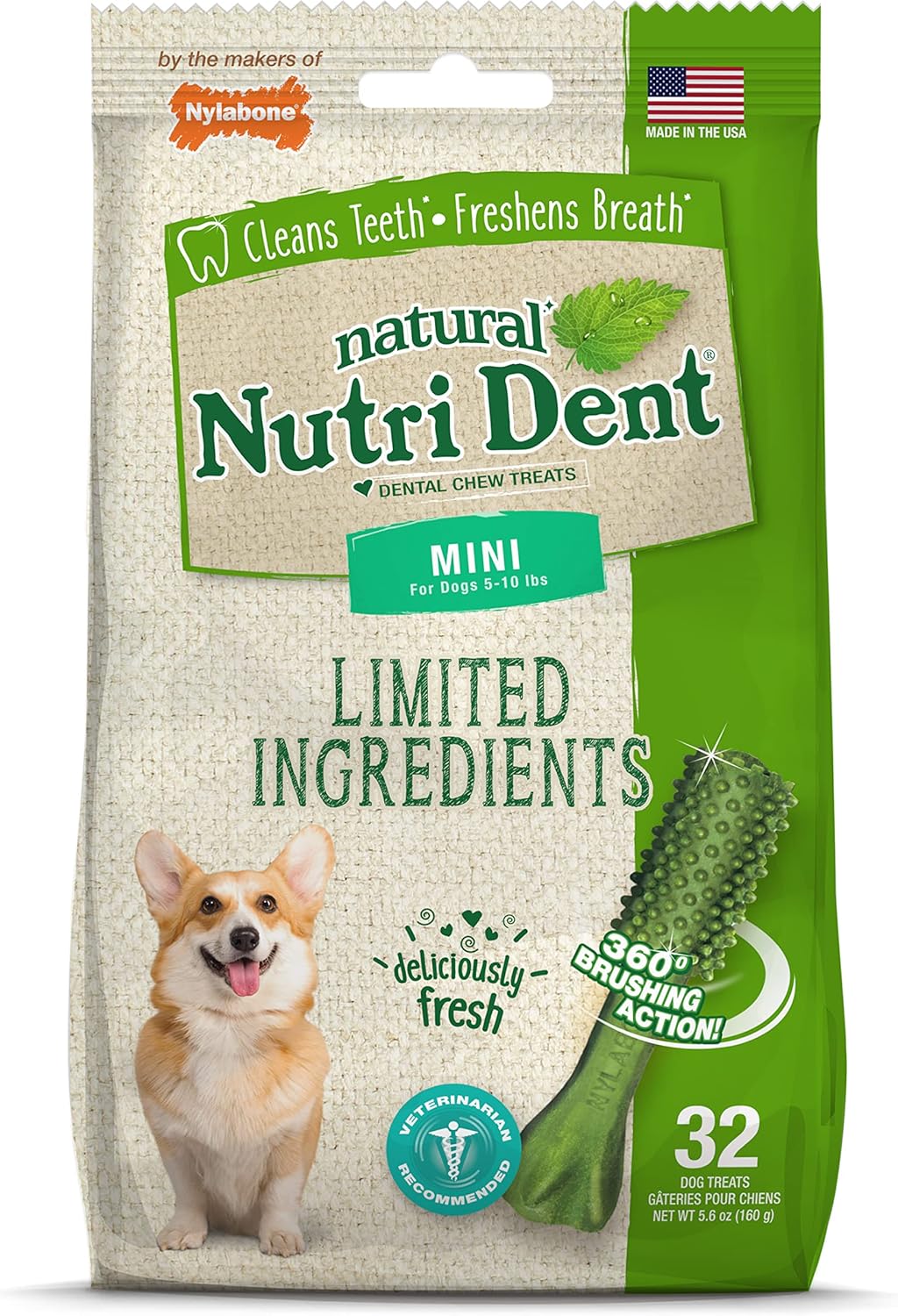 Nylabone Nutri Dent Dog Dental Chews - Natural Dog Teeth Cleaning & Breath Freshener - Dental Treats for Dogs - Fresh Breath Flavor, Mini (32 Count)