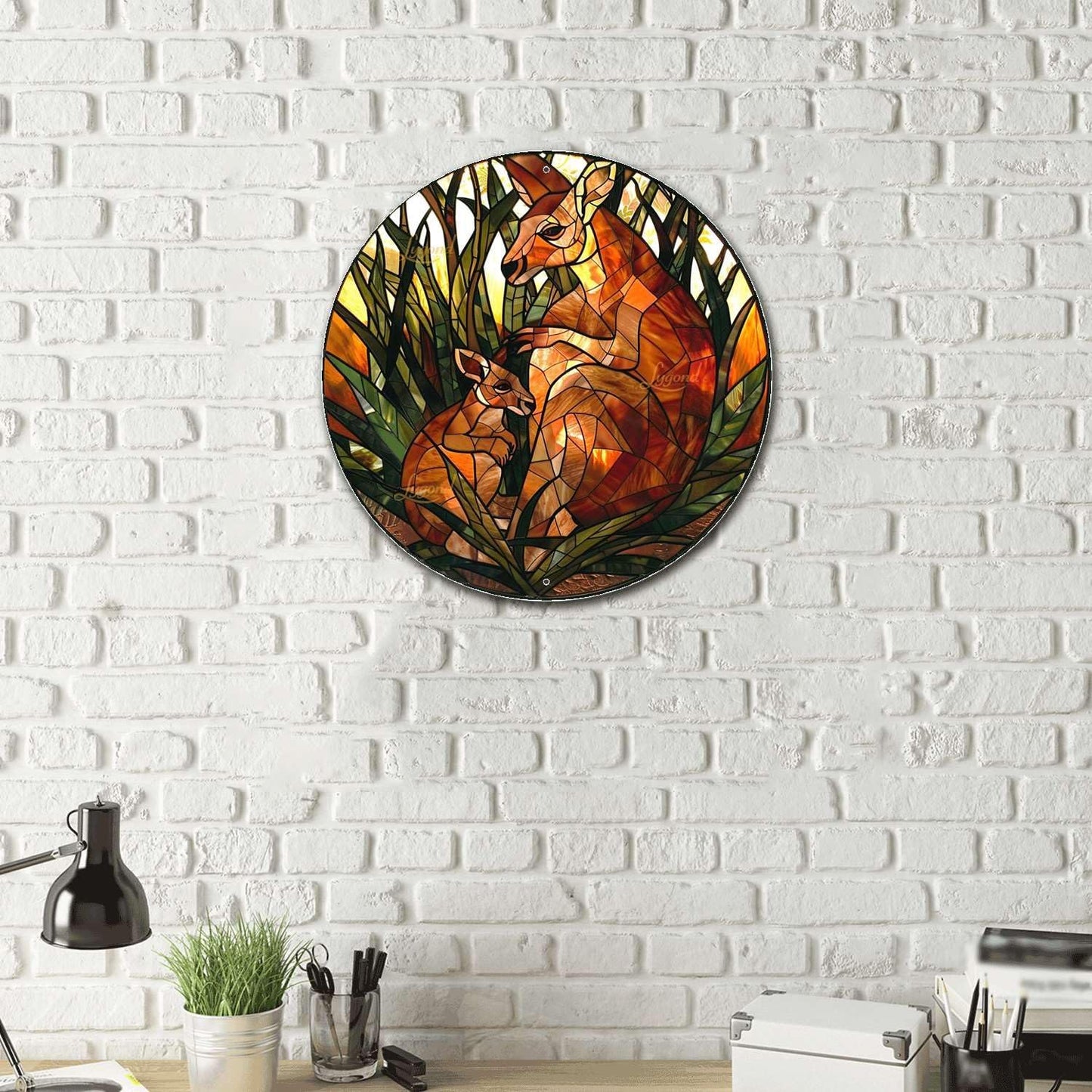Lygond Metal Sign Tin Sign Circular Stained Glass Kangaroo Tin Signs For Garden For Bar 12×12 Inches
