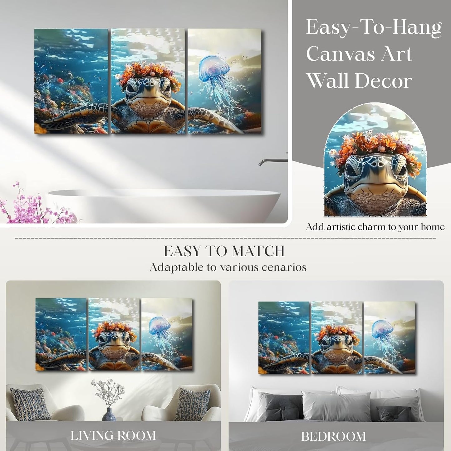 Wivsev Sea Turtle Canvas Wall Art,Under Sea Wall Art,Sea Life Pictures Wall Decor,Ocean Animal Painting for Bathroom,Living Room,Bedroom (16" x 24" x 3 pcs)