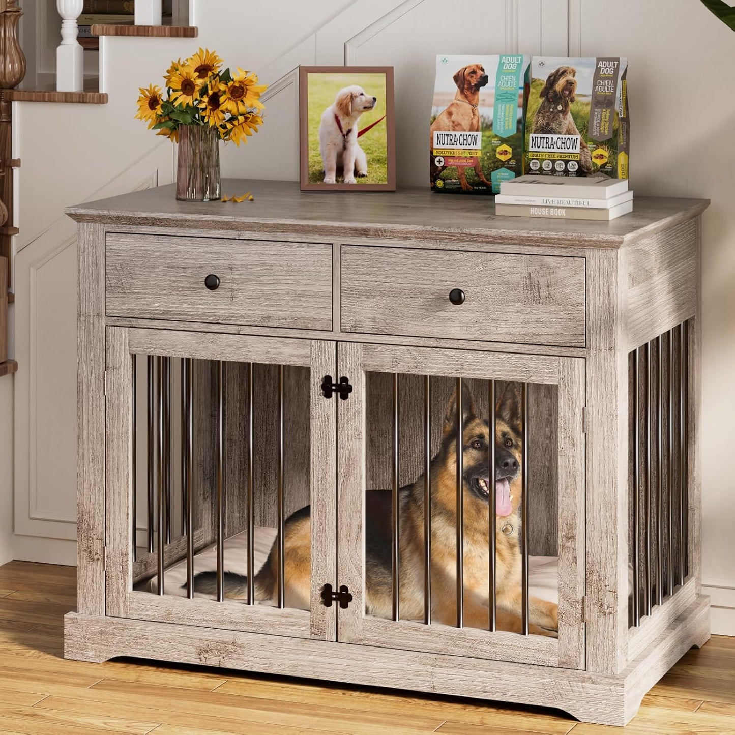 PUKAMI 44inch Dog Crate Furniture with Drawers,Wooden Dog Kennel Furniture for Large Breed,End Table Wood Dog House for Indoor use (Grey)