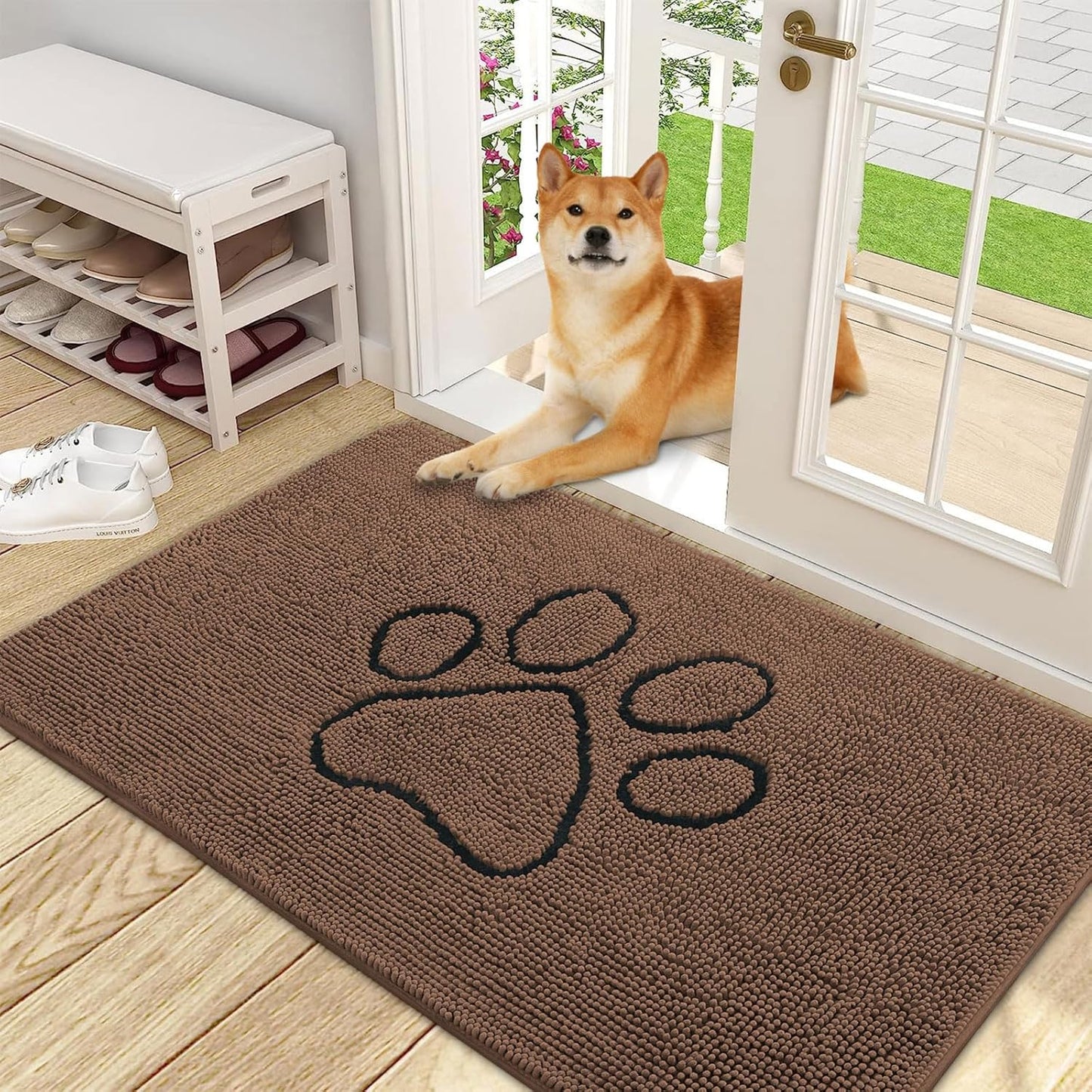 OLANLY Door Mat for Muddy Dog Paws 48x30, Ultra Absorbent Chenille Mud Doormat with Paw Print Design, Non-Slip Washable Doormat for Indoor Entryway, Quick-Dry Pet Bed Mats for Dirty Dogs, Mocha