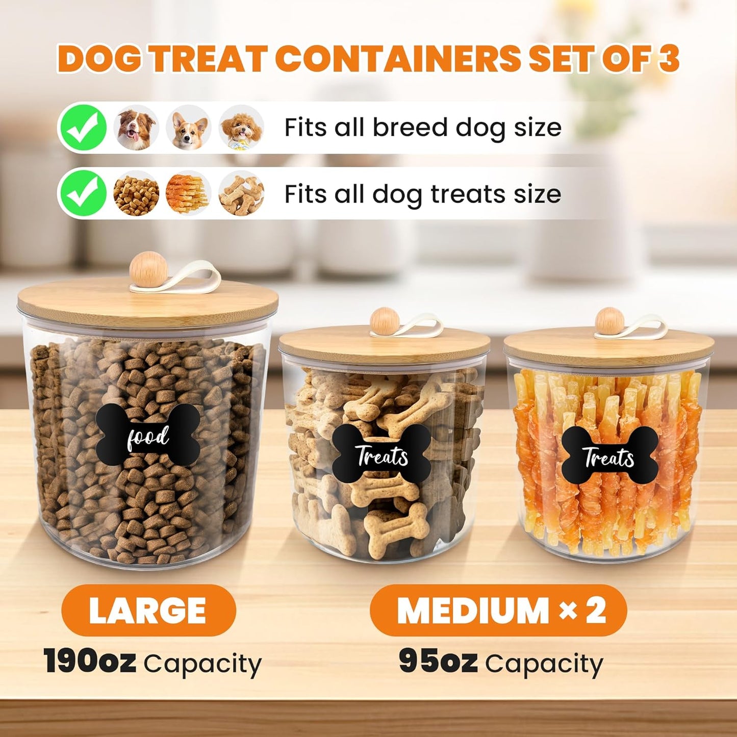 3 Pack Airtight Dog Food Storage Container, Dog Treat Container Dog Food Containers with Bamboo Lids 8x7''&6x5'',Pet Food Storage Container,Cat Food Container with Scoops,Clamp,Labels,Pen