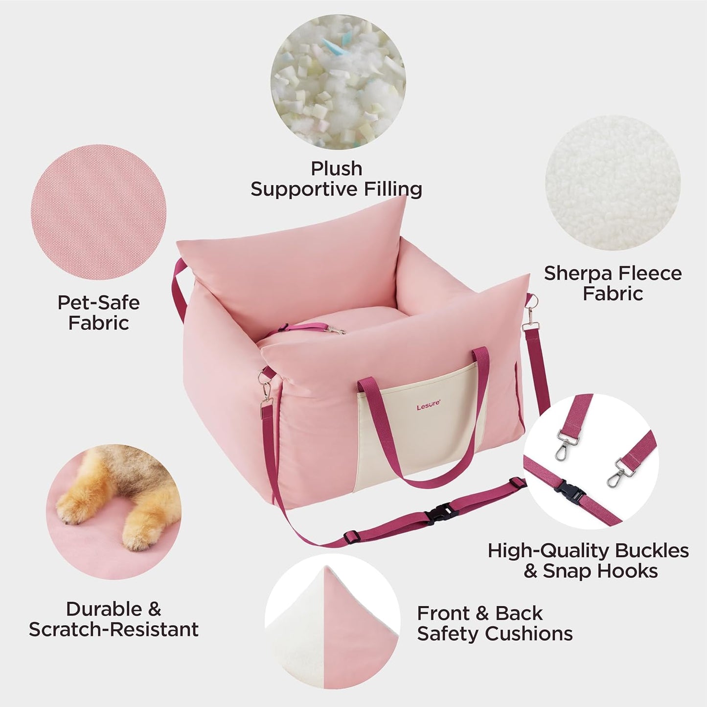 Lesure Small Dog Car Seat for Small Dogs -Soft Dog Booster Seat for Car with Storage Pocket and Clip-On Safety Leash and Thickened Memory Foam Filling, Pet Travel Carrier Bed Strawberry Cream