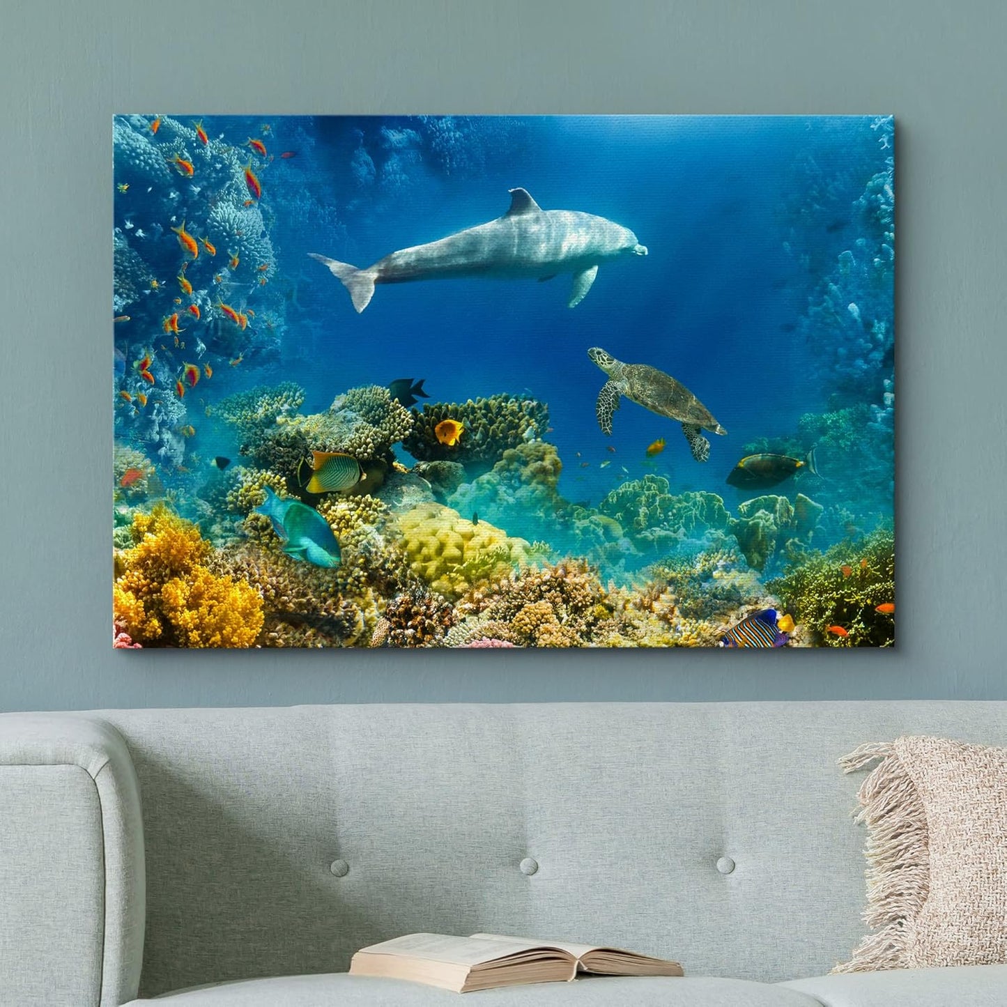 wall26 Canvas Print Wall Art Tropical Ocean Underwater Dolphin Coral Reef Nature Animals Photography Realism Rustic Scenic Landscape Wilderness Colorful for Living Room, Bedroom, Office - 32"x48"