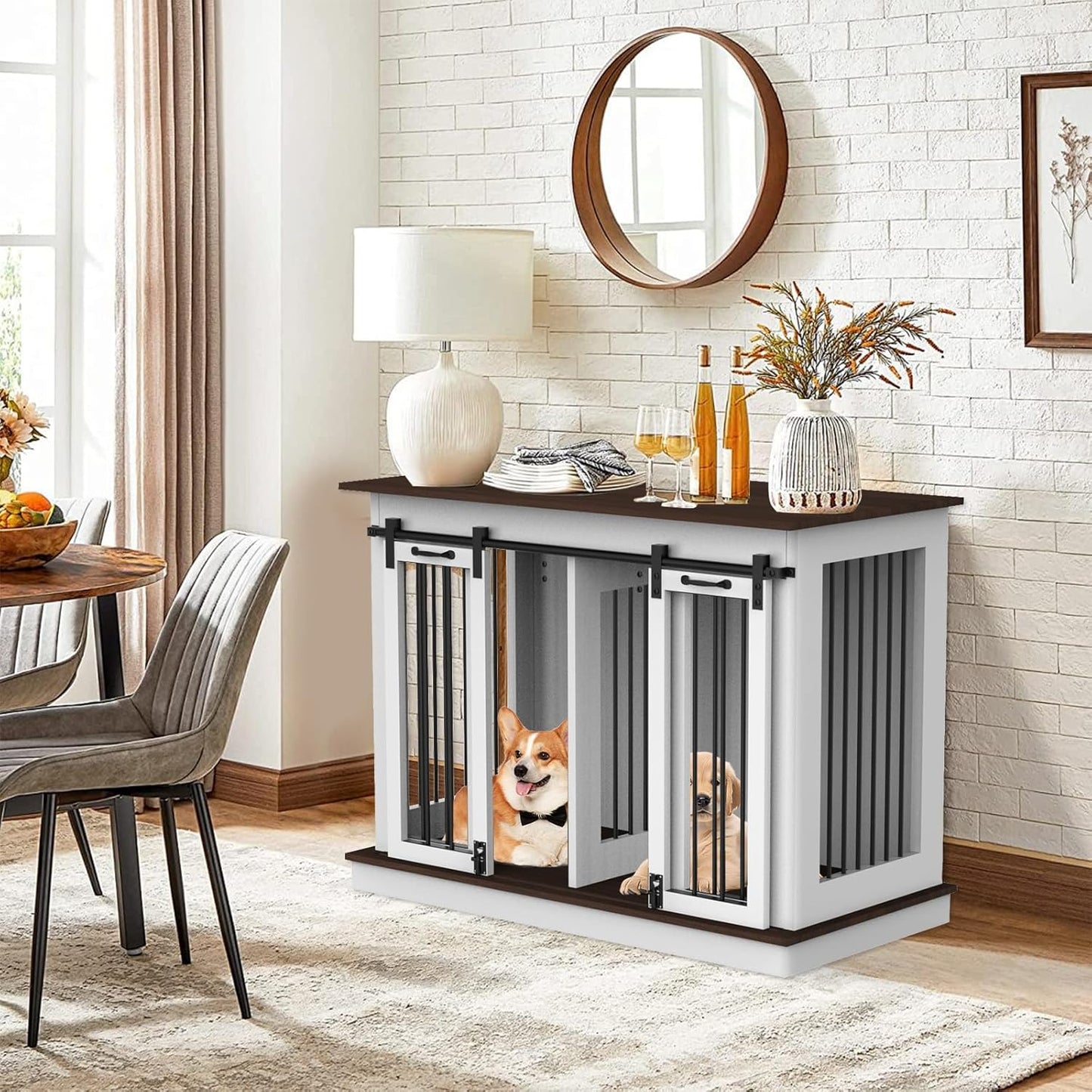 RQZ Double Dog Crate Furniture for 2 Dogs Heavy Duty Wood Dog Cage Table with 2 Sliding Doors and Removable Divider Dog Kennel Indoor for Medium Large Dogs (47" L x 24" W x 35" H)